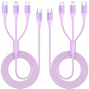 ShSiXin 3 in 1 Multi Charging Cable for Multiple Devices with USB-C/IP/Micro Port, iPhone Charger Cord, Travel Car Charger Cord for iPhone 17-8, Galaxy 25 Android iPad, 2 Pack 4FT - Purple