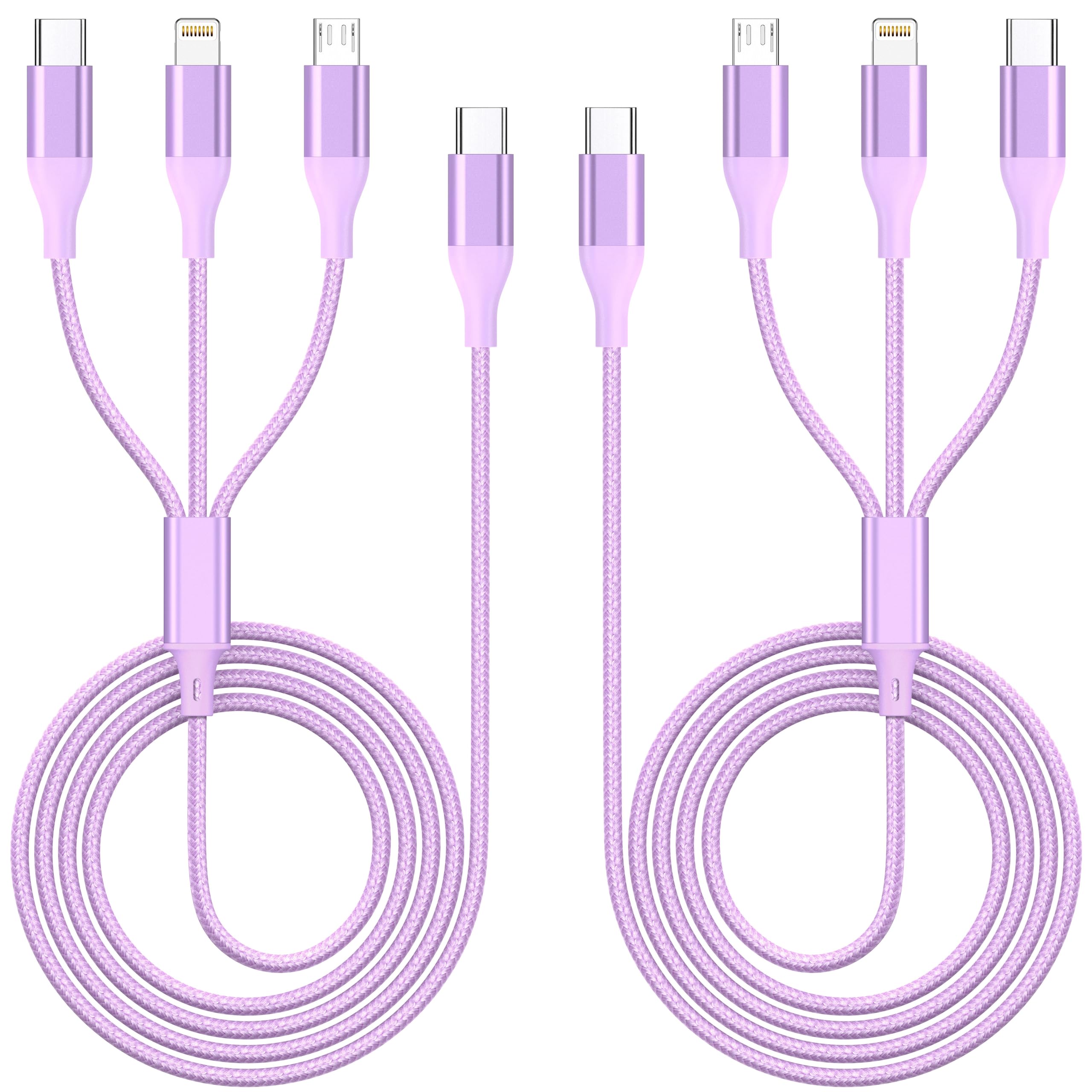 ShSiXin 3 in 1 Multi Charging Cable for Multiple Devices with USB-C/IP/Micro Port, iPhone Charger Cord, Travel Car Charger Cord for iPhone 17-8, Galaxy 25 Android iPad, 2 Pack 4FT - Purple