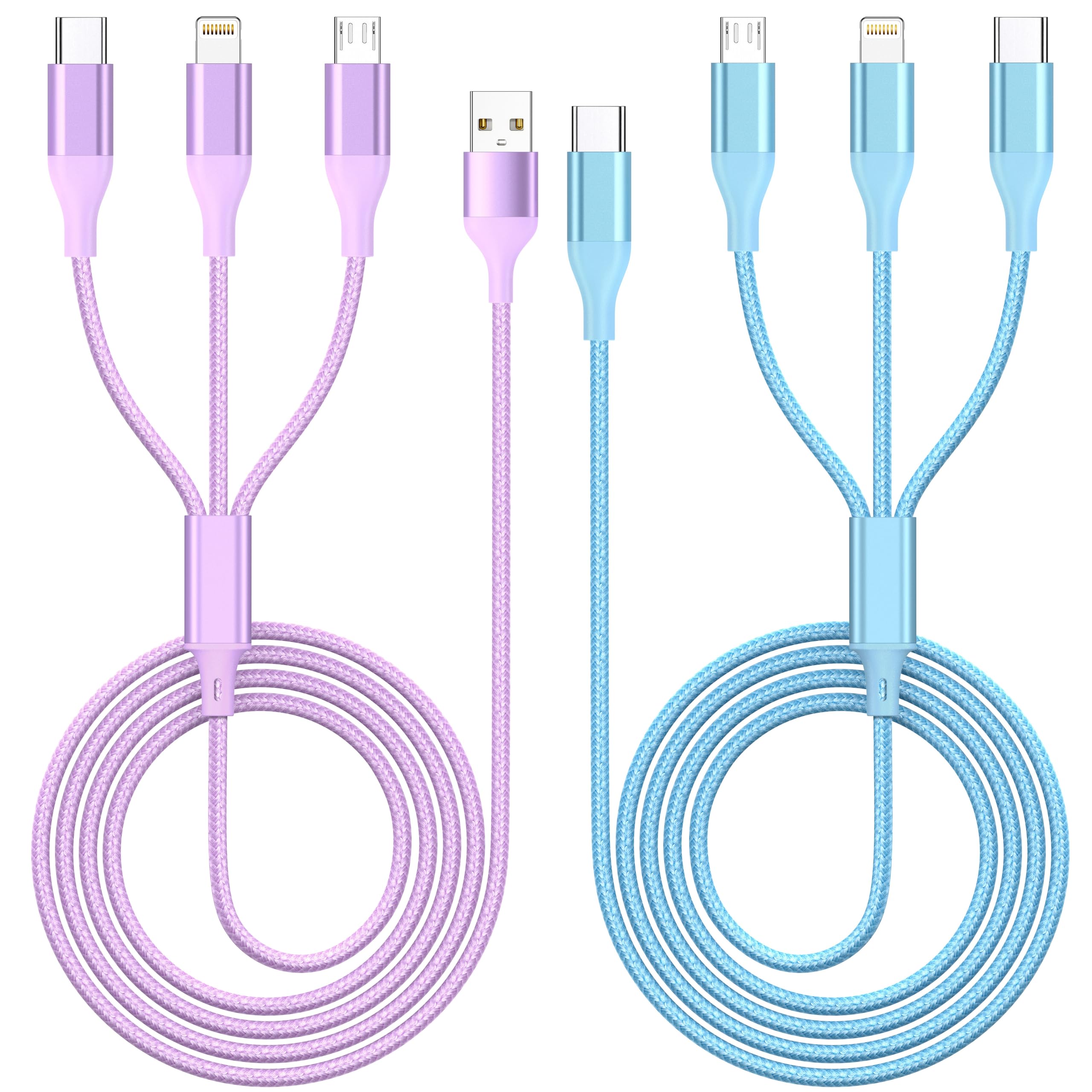 ShSiXin 3 in 1 Multi Charging Cable for Multiple Devices with USB-C/IP/Micro Port, USB Cable iPhone Charger Cord, Travel Car Charger Cord for iPhone17-8, Galaxy 25 Android iPad, 2Pack 4FT-Purple/Blue
