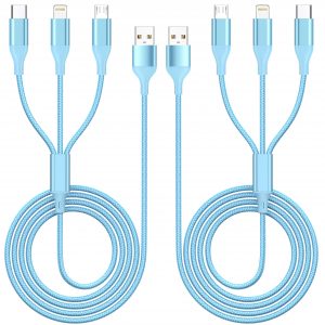 ShSiXin 3 in 1 Multi Charging Cable for Multiple Devices with USB-C/IP/Micro Port, USB Cable iPhone Charger Cord, Travel Car Charger Cord for iPhone17-8, Galaxy 25 Android iPad, 2Pack 4FT-Blue