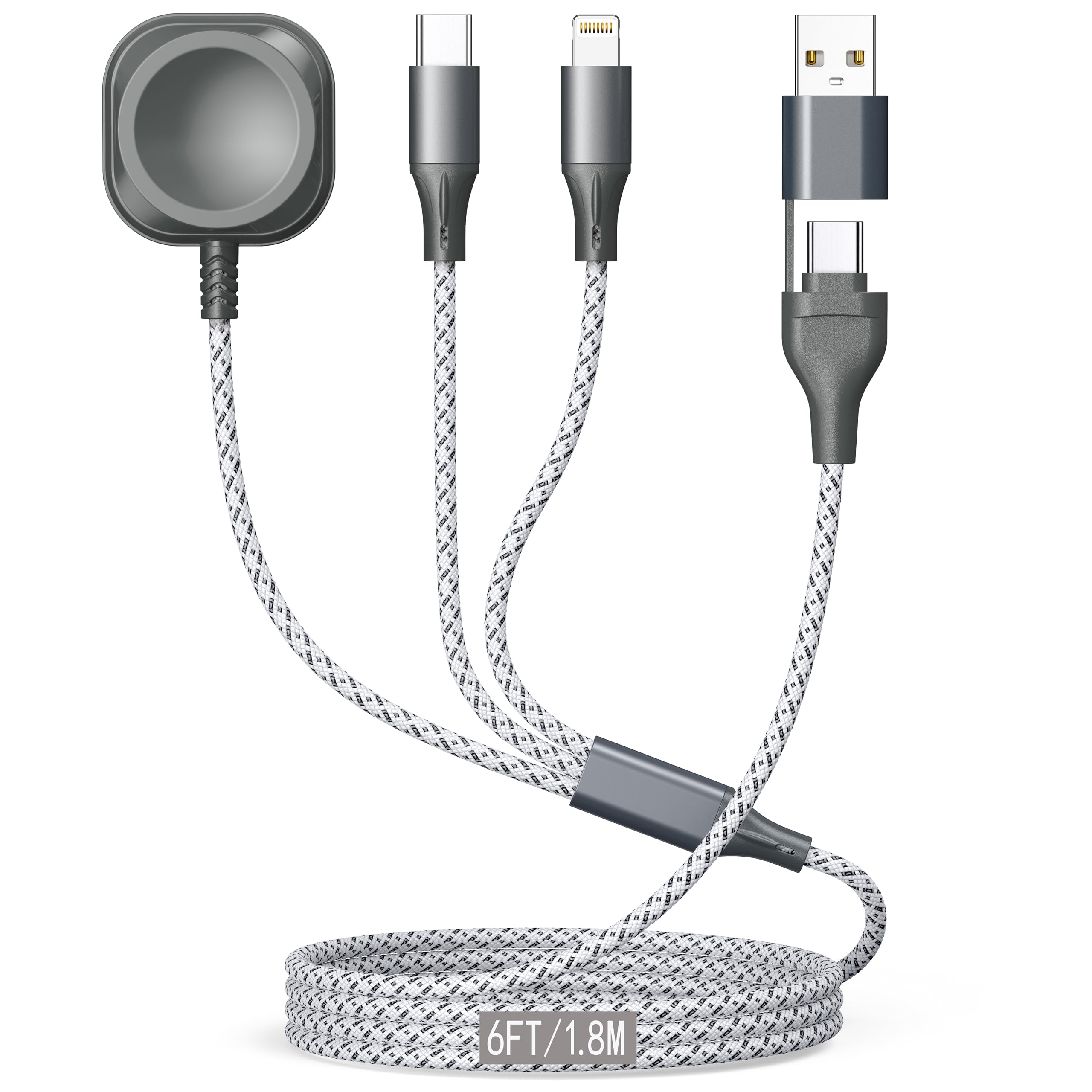 Multi Charging Cable for Apple Watch Charger 6FT, iPhone Charger USB A/C Multi Fast 3 in 1 Charging Cable for iWatch Ultra/SE/10-1 & iPhone16-5/Pro/Plus/iPad/iPod/Airpod